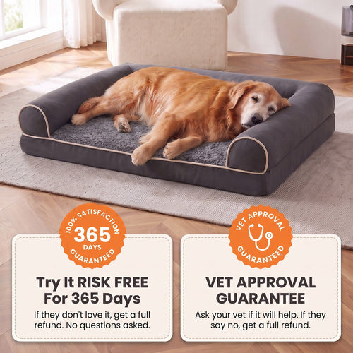 Senior dog sleeping on the GrandPaw orthopedic bed with 365-day and vet guarantees